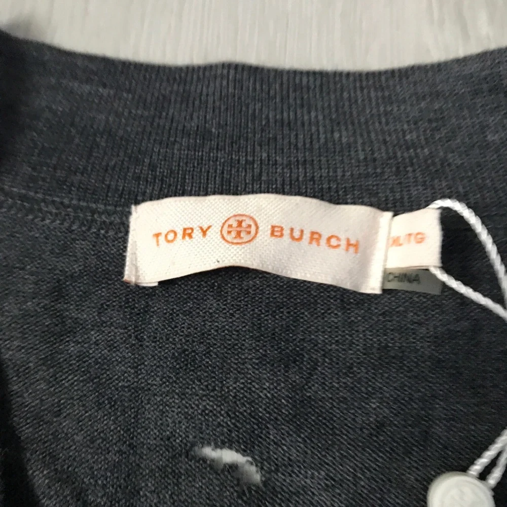 TORY BURCH CLASSIC CARDIGAN SWEATER V NECK LOGO BUTTON XL NWT